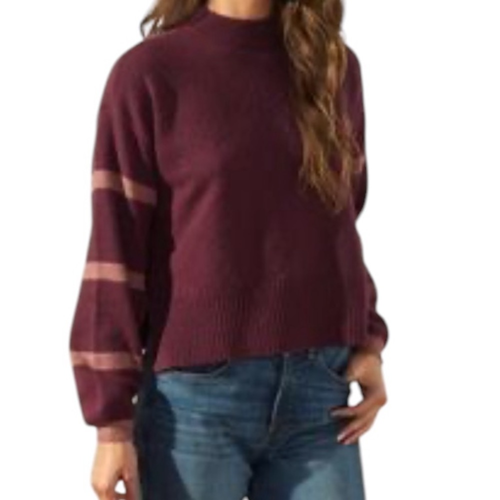 UpWest Purple Mock Neck Sweater with Puffed Striped Sleeves S
